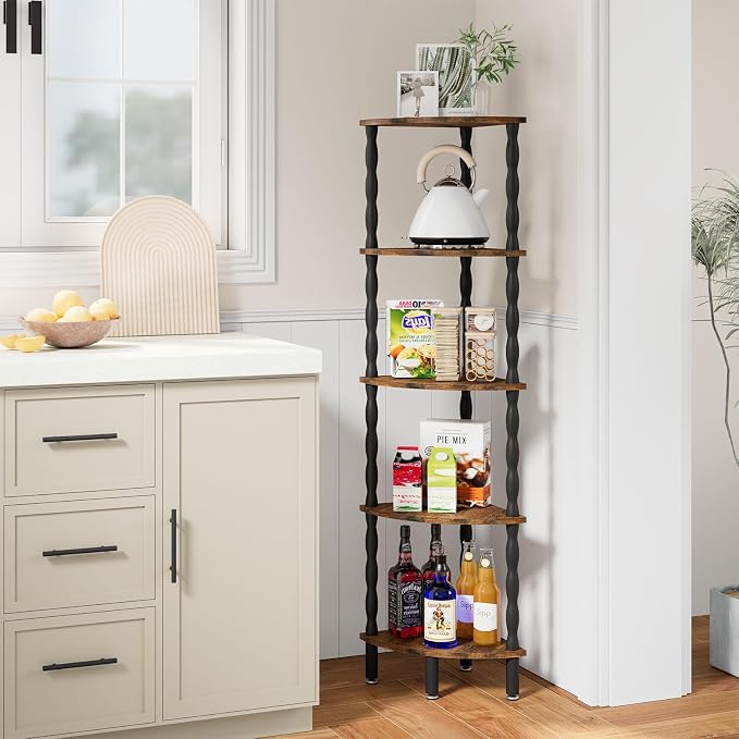 IBUYKE 5-Tier Corner Shelf,Stylish Corner Bookshelf for Small Spaces,Industrial Corner Storage Display Shelves,Small Corner Table for Bedroom,Bathroom,Kitchen, Brown WBC020H
