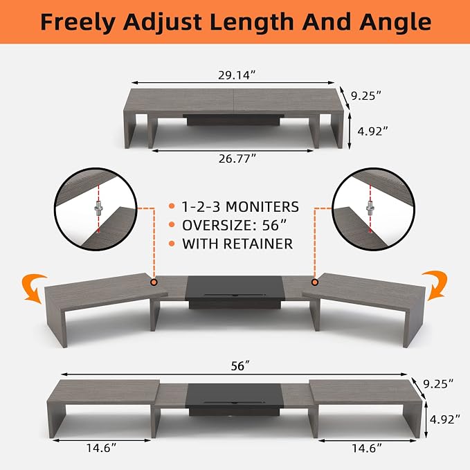 WESTREE Triple Dual Monitor Stand Riser, 56" Extra Long Monitor Stand for 1~2~3 Monitors, Monitor Stand with Length and Angle Adjustable, 3 Shelf Desktop Organizer Riser for Monitor Computer Laptop