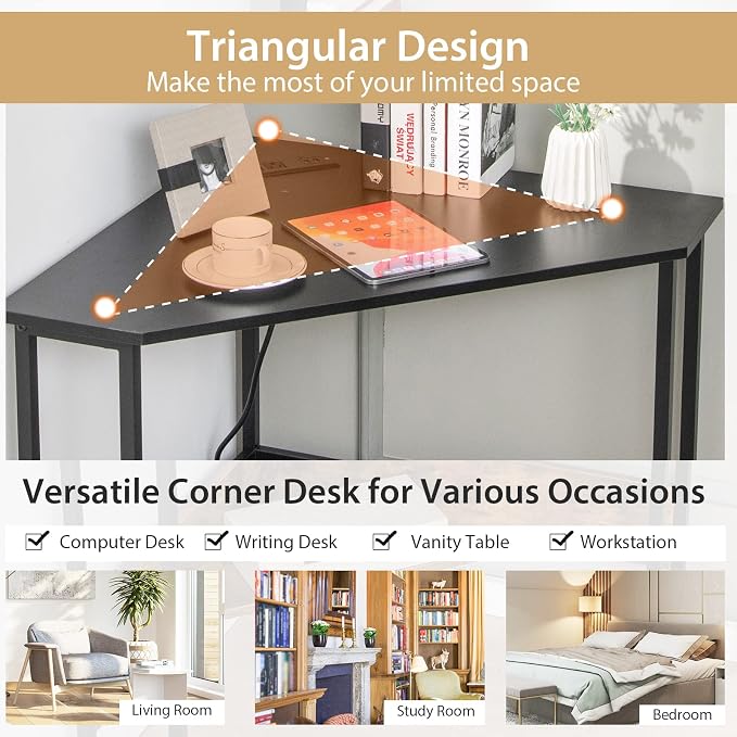 HOMGX Triangle Corner Computer Desk with USB Ports & Power Outlet, Modern Vanity Desk with Storage Shelf, Space Saving for Small Home Office, Black