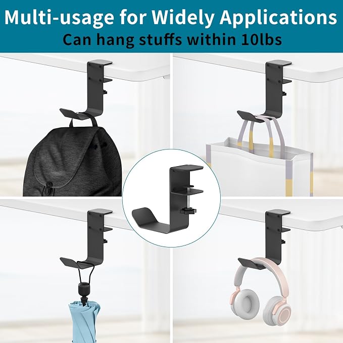 tiebutie Clamp-On Under Desk Headphone Holder/Backpack Hook/PC Gaming Headset Headphone Hanger Mount, Provides a Convenient Place to Hang Headsets or Bags