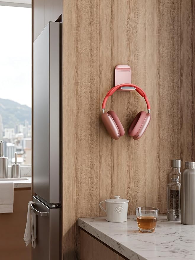 MAMUVIMO Headphone Stand, Headset Stand Foldable ＆ Sticky, Headphone Holder Hook Mount with Non-Slip Silicone, Adhesive Earphone Desk Hanger Clip Space-Saving for Airpods Max, All Earphones- Pink