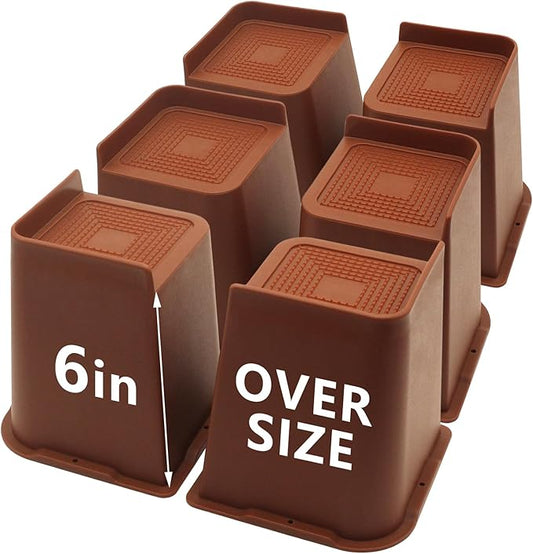 6 Pack Brown Bed Risers 6 inch Heavy Duty, Oversized Furniture Risers, Bed Lifts Risers for Table, Sofa, Chair, Couch, Desk, Bed Frame Risers Supports Up to 6,500 Lbs