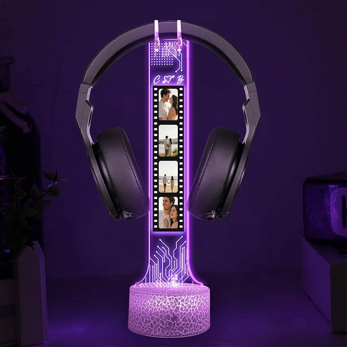 Personalized RGB LED Headphone, Custom Couple Photo Headset Holder, Gaming Decor Gift for Boyfriend Girlfriend, Valentines Day Gift for Him Her, Custom Couple Gifts, Gifts for Gamers