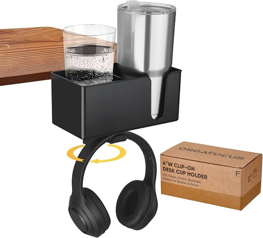 4-in-1 Clip On Desk Cup Holder, Fits up to 40oz cups - Mountable Holder with Adjustable Divider & 360° Rotating Hook - No Spill Clamp On Drink Holder Attachment - for Desk Chair Table Bed Tray - Black