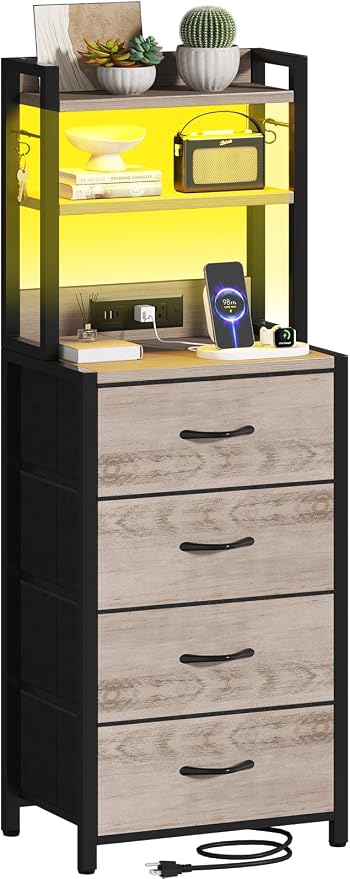 Tall Nightstand with LED Light, LED Night Stand with Charging Station and USB Type C Port, Bedside Table with 4 Fabric Drawers for Bedroom, Dorm, Office (Greige)