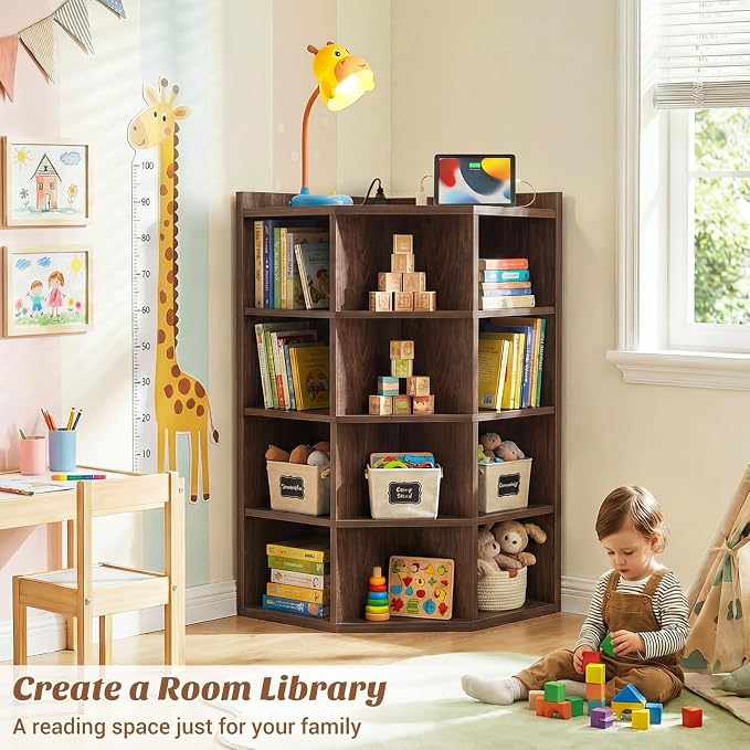 Aheaplus 5-Tier Corner Cube Bookshelf with Power Outlets, Wooden Corner Storage Cabinet with 12 Cubes, Corner Cube Organizer Shelf with Top Table, L Shaped Cubby Bookcase for Home Office, Black Walnut