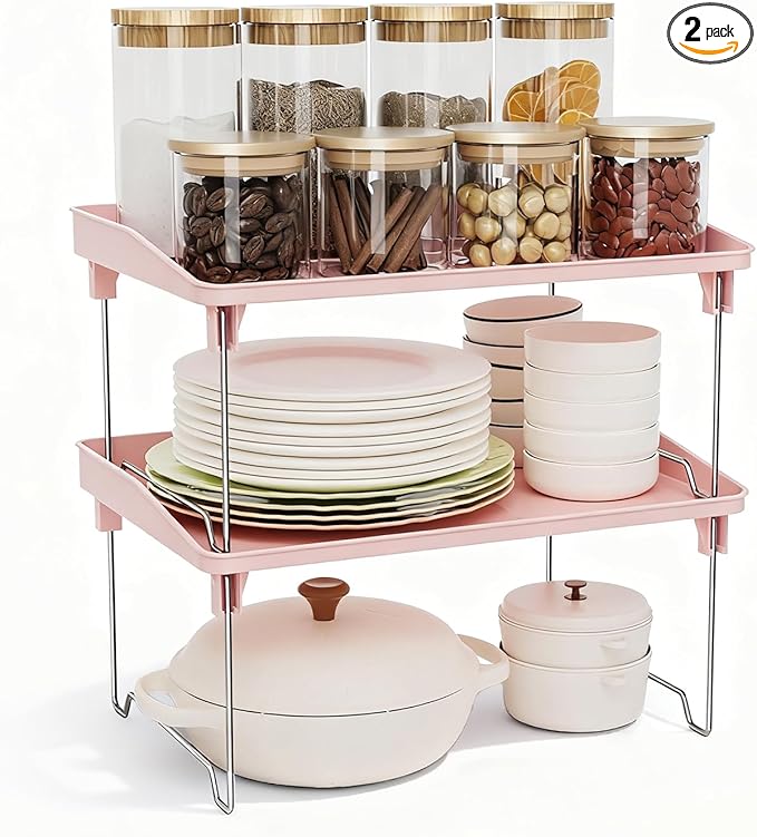 STARLATTA 2 Pcs Cabinet Organizer Shelf，Stackable Kitchen Counter Shelves, Spice Rack,Countertop Organizers，Pink Plastic Storage Shelves Rack for Makeup，Bathroom, Cupboard，Desk，Pantry Organization