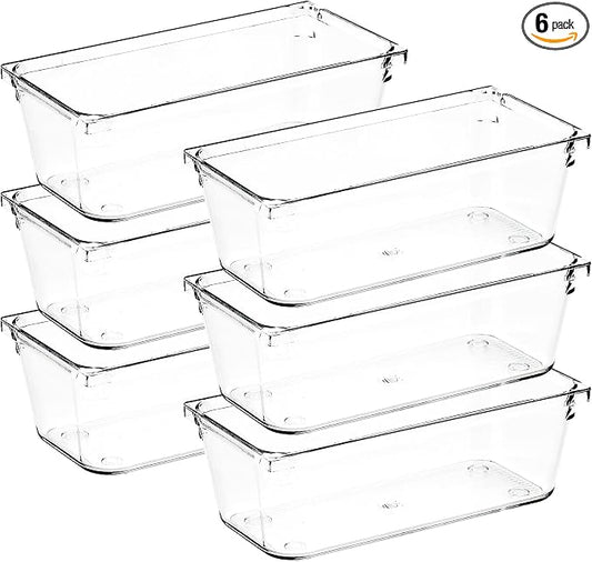 6 Pack Drawer Organizer - 3" X 6" Clear Acrylic Storage Bins with Non-Slip Pads, Versatile Desk Tray for Makeup, Jewelry, Kitchen, Bathroom, and Office Organization