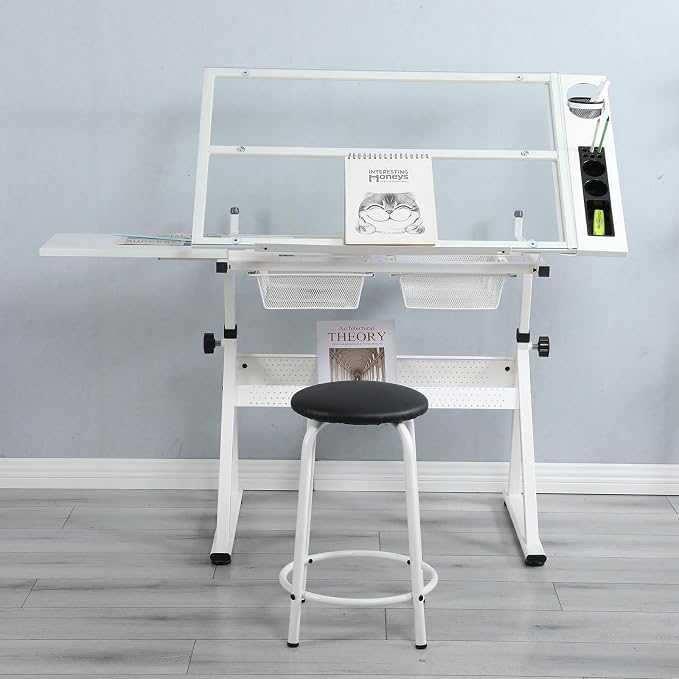 Adjustable Tempered Glass Drafting Table, 0-75° Tilting Art Desk with Multi-Storage Drawers & Trays, Height Adjustable 27.1"-35.8" Drawing Table with Chair, White