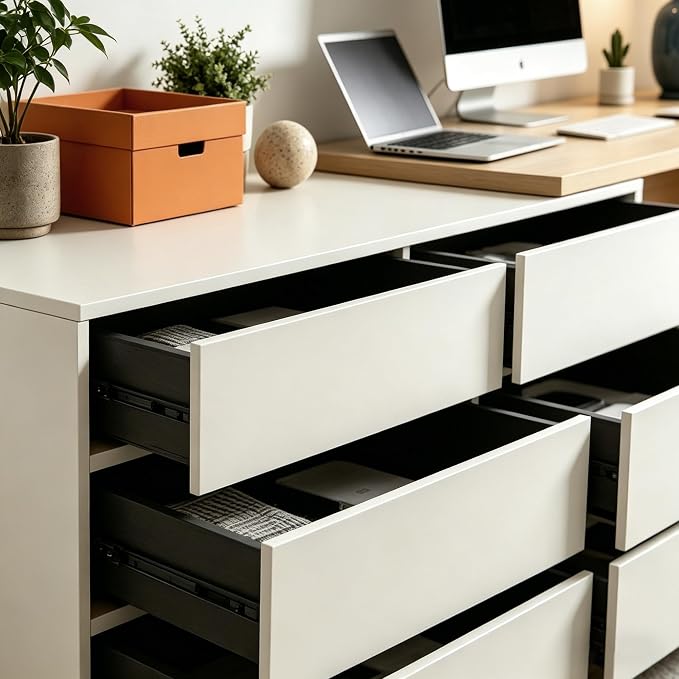 Retractable L-Corner Computer Desk with 6 Organizer Drawers for Games, Make-up, Home Office, Log