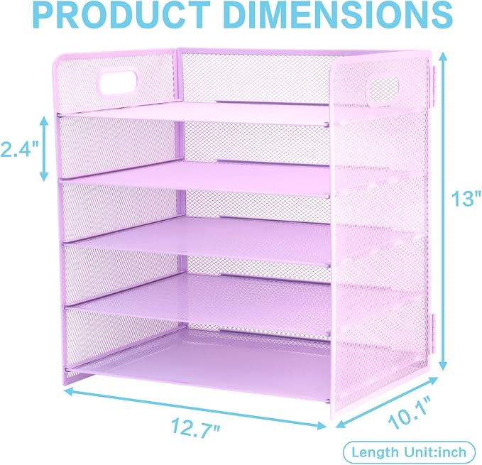 5 Tier Lettrer Tray Organizer with Handle, Metal Mesh Desk File Organizer with Sliding Trays, Paper Sorter Desk for Home Office School, Purple