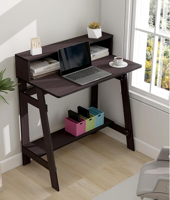 Small Desk with Storage, Corner Desk for Small Spaces, Computer Desk Study Desk with Shelf for Home Office Bedroom, Dark Walnut