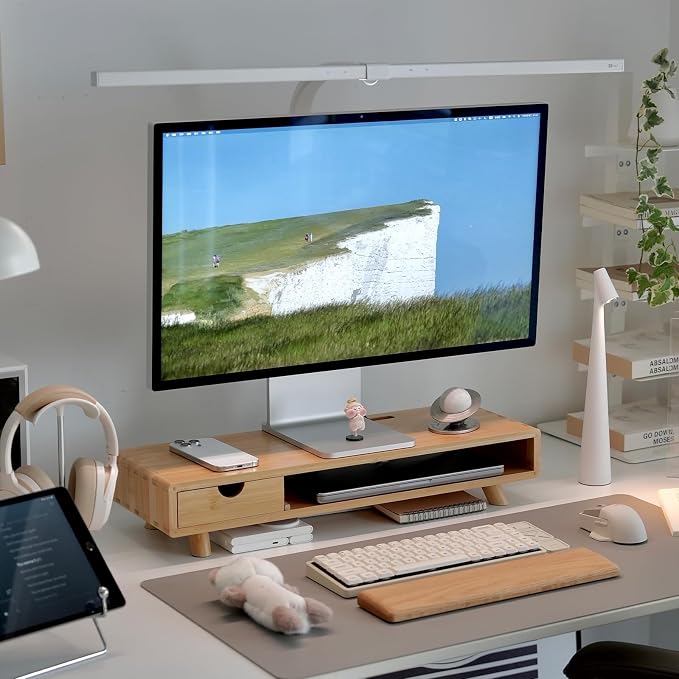 Bamboo Monitor Stand Riser with Drawer, Ergonomic Computer Riser for Desk with Cable Management & Storage Organizer, Wood Monitor Stand for Home Office