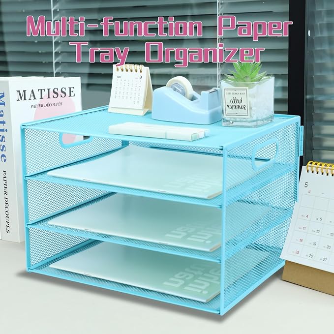 3 Tier Lettrer Tray Organizer, Metal Mesh Desk File Organizer with Sliding Trays, Paper Sorter Desk Organizer for Home Office School, Blue