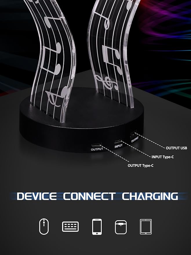 CoolGift Mart Light Up Headphone Stand with 16 Color Lights, Music Notes Pattern Acrylic Headset Stand with 1 USB and 1 Type-C Charging Ports, Gifts for Gamers Men and Music Lovers