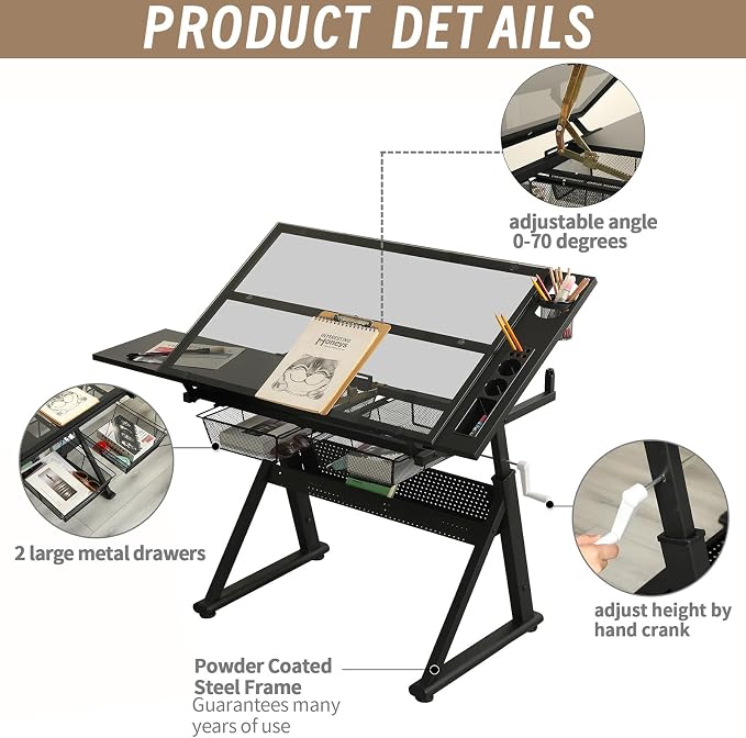 Hand Crank Adjustable Drafting Table with Tempered Glass Top, Height Adjustable Art Drawing Desk with Metal Drawers, Slide-Up Pencil Ledge & Stool, Drafting Desk for Home Studio Office