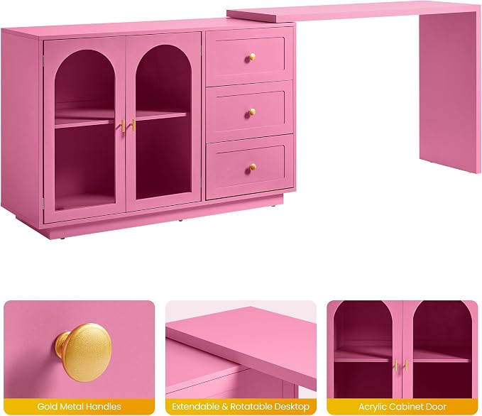 FansaFurn 83" 3-in-1 Vanity Table with 3 Drawers & 2 Doors, Extendable Makeup Vanity Desk, Morden Dressing Table for Bedroom, Dressing Room, Pink