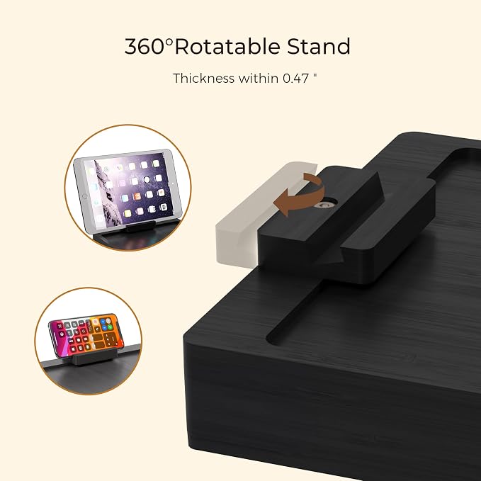 Wealone Black Couch Arm Tray for Wide Couch, Bamboo Sofa Arm Clip Table with Storage Box, Couch Armrest Tray with 360°Rotating Phone Holder, Sofa Arm Table Clip for Eating, Drinks or Dining