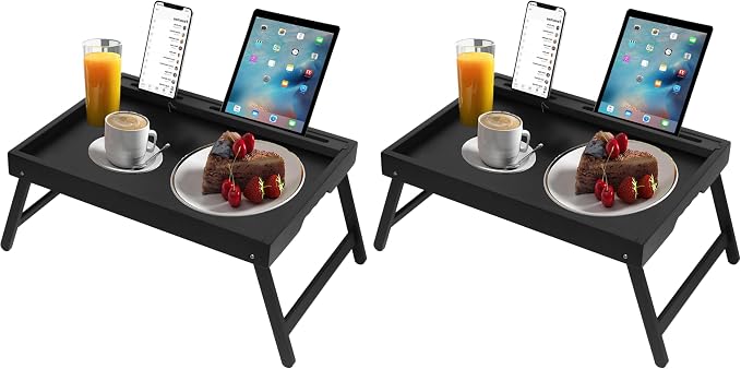 Artmeer Bamboo Bed Tray Table with Folding Legs, Phone/Tablet Holder, Foldable Breakfast Table, Laptop Desk (Black, Medium) (Pack of 2)
