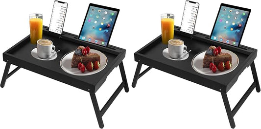 Artmeer Bamboo Bed Tray Table with Folding Legs, Phone/Tablet Holder, Foldable Breakfast Table, Laptop Desk (Black, Medium) (Pack of 2)