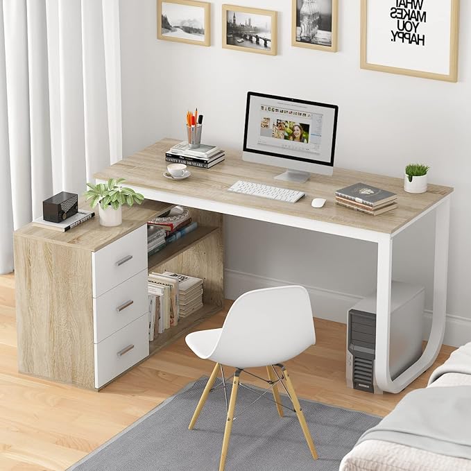 Homsee Home Office Computer Desk Corner Desk with 3 Drawers and 2 Shelves, 54 Inch Large L-Shaped Study Writing Table with Storage Cabinet - Walnut and White