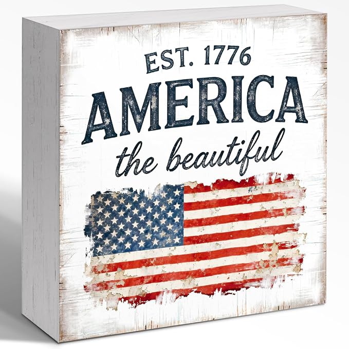 Patriotic Wooden Box Sign,America The Beautiful Est.1776 4th Of July Signs Home Decor,Independence Memorial Day Block Sign for Desk Shelf Tabletop Decor
