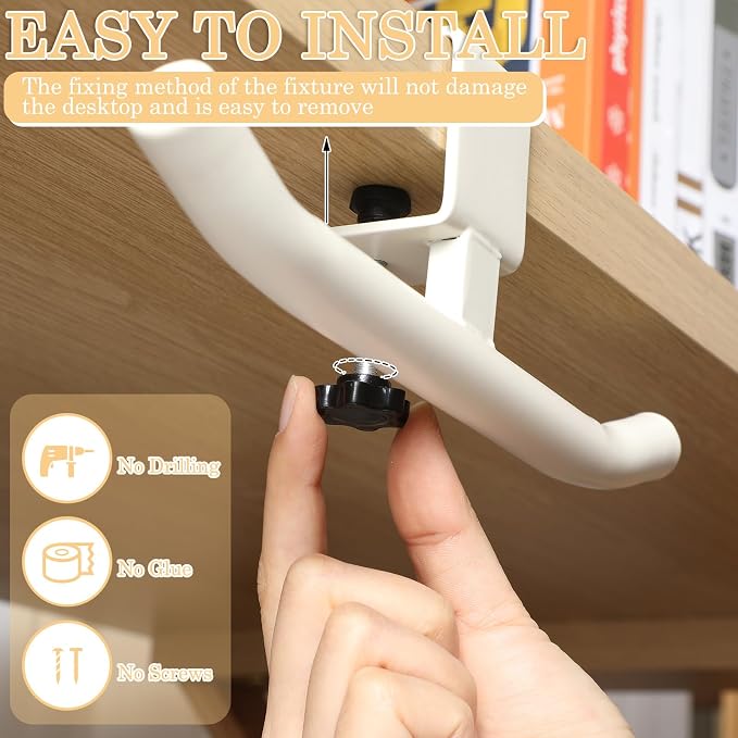 Geelin Bag Hook for Desk Table Heavy-Duty Backpack Hanger Clamp On Purse Holder Adjustable Under Desk Bag Hook for Headphones Handbag Hanger for Classroom Dorm Back to School (White)