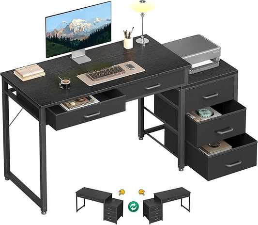 ODK Computer Desk with 5 Drawers, 53 Inch Office Desk with Printer Shelf, Reversible Gaming Desk for Home Bedroom, Writing Table Desk with for Storage, Black