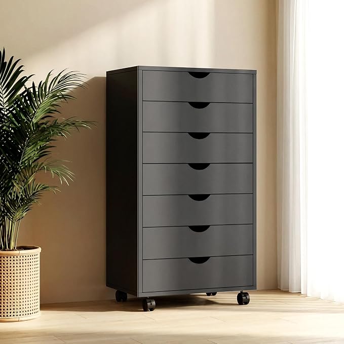7 Drawer File Cabinet, Under Desk Storage Drawers with Wheels, Mobile Filing Chest for Small Desk Printer Stand for Home Office, Black
