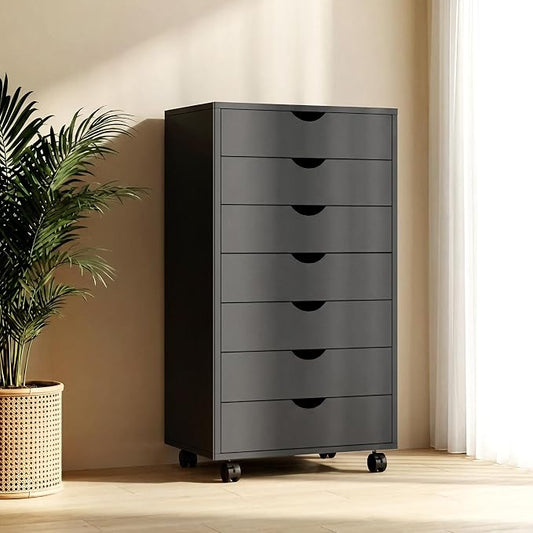 7 Drawer File Cabinet, Under Desk Storage Drawers with Wheels, Mobile Filing Chest for Small Desk Printer Stand for Home Office, Black