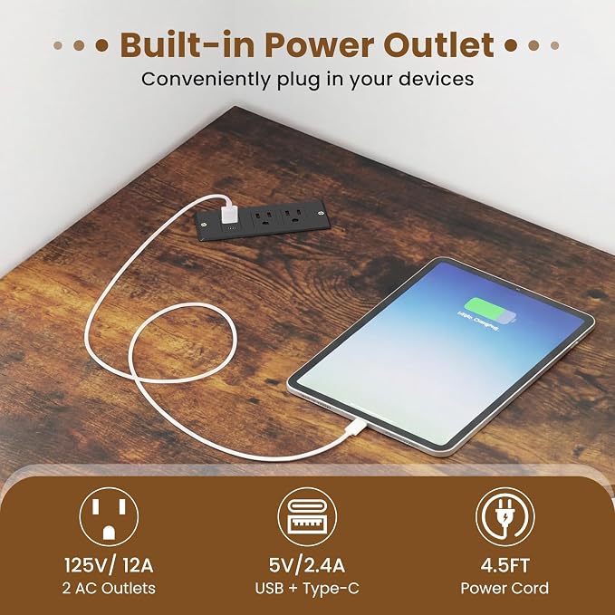 Giantex Corner Desk with Charging Station, 90° Triangle Computer Desk with Storage Shelf, Industrial Compact Writing Desk with Metal Frame for Home Office, Small Spaces & Bedroom, Rustic Brown