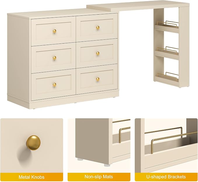 FansaFurn 67" Extendable Makeup Vanity Desk with 3 Side Shelves, L-Shaped Vanity Table and Dresser Combo with 6 Drawers, Modern Dressing Table for Bedroom, Dressing Room, Beige