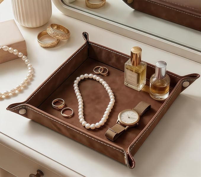 Valet Tray Desktop Storage Organizer – Vegan Leather Catchall Bedside Vanity Tray Nightstand Caddy Holder for Remote Controller, Watch, Keys, Phone, Wallet, Coin, Jewelry, Stone Brown