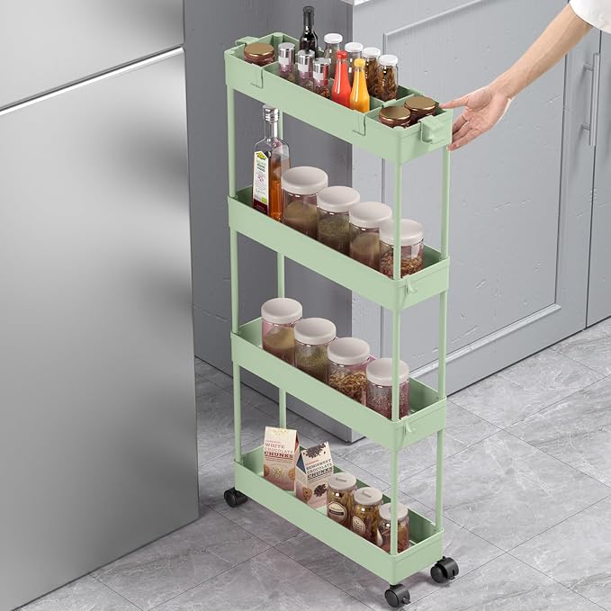 SPACELEAD Slim Storage Cart 4 Tier,Bathroom Organizer Rolling Utility,Mobile Shelving Unit Slide Out for Office, Kitchen, Laundry Room & Narrow Places，Green