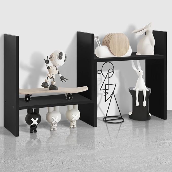 MASAKA B&W - Desk Organizer Aesthetic Shelf, Desktop Bookshelf, Double H Plants Display Shelf, Storage Rack Adjustable Stackable for Office Home Dorm - Perfect for Books, Plants & Decor (Black)