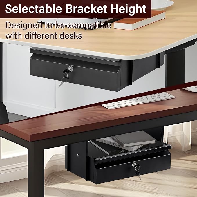 Under Desk Drawer 15.7" x 11.8" x 4.3" | Under Desk Pull Out Drawer with Lock and Keys, 4.3” & 7.5” Optional Bracket Height, Storage Organizer for Workbench