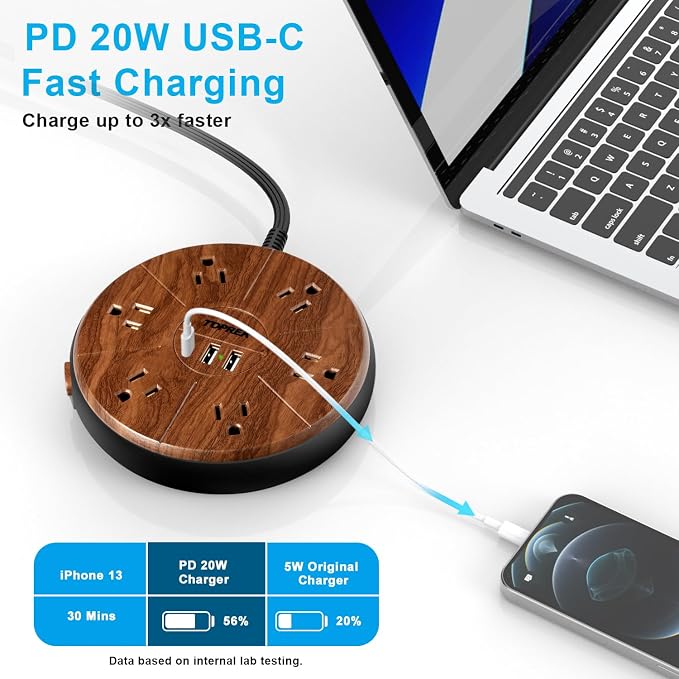 Power Strip with USB - 6 Outlets, 1 USB-C (20W PD), 2 USB-A - Wood Finish Power Strip Surge Protector, 6.5 ft Flat Extension Cord for Home Office, Dorm Desk