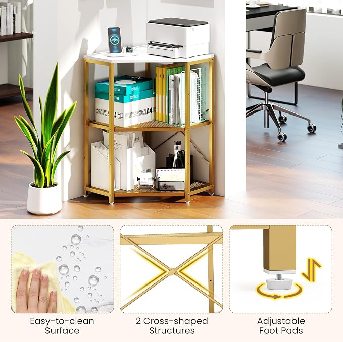 Tangkula Corner Printer Stand with Power Outlet, 3-Tier Storage Rack with Adjustable Metal Mesh Shelf, Freestanding Corner Table Computer Tower Holder for Home Office Living Room (White)