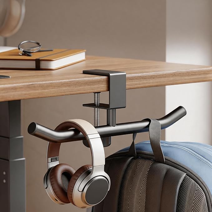 Heavy Duty Desk Hook Clamp, Adjustable Backpack Hanger, No Drill Headphone Holder, Clip-On Purse Hook for Table, Bag Hanger for Office Classroom Home, Gifts for Gamers, Office Desk Gaming Accessories