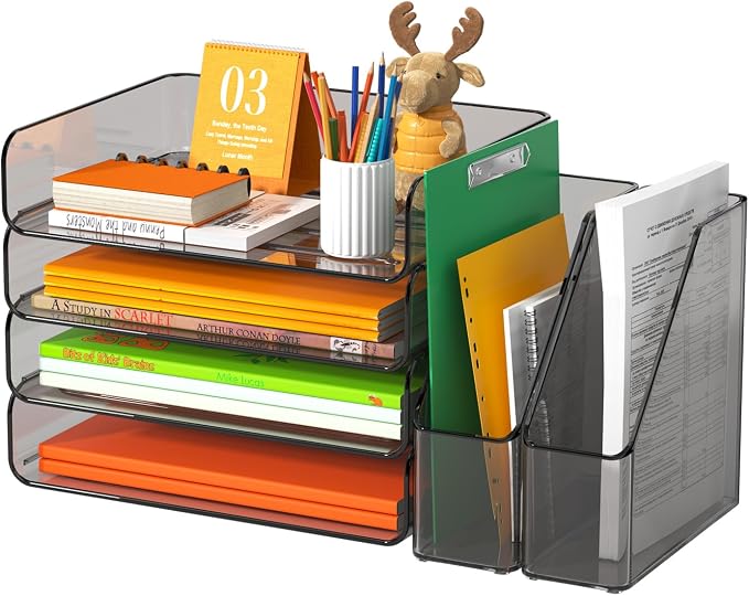 FANXIYQ 4-Tier Brown Acrylic Paper Tray Organizer with Bookends, Large Clear Stackable Letter Tray Organizer for Desk, Acrylic File Organizer & Office Paper Storage, 12.6" Wide Desktop Organizer