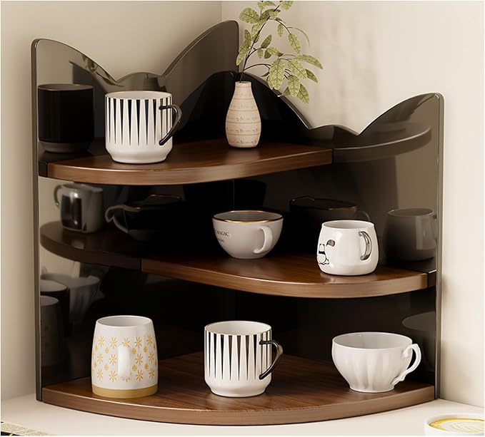 3-Tier Corner Desk Shelf, Solid Wood Desktop Organizer, Vintage Brown Corner Storage Table, Space Saving Freestanding Shelf for Bedroom, Home Office, Kitchen, Bathroom (Black,Cat)