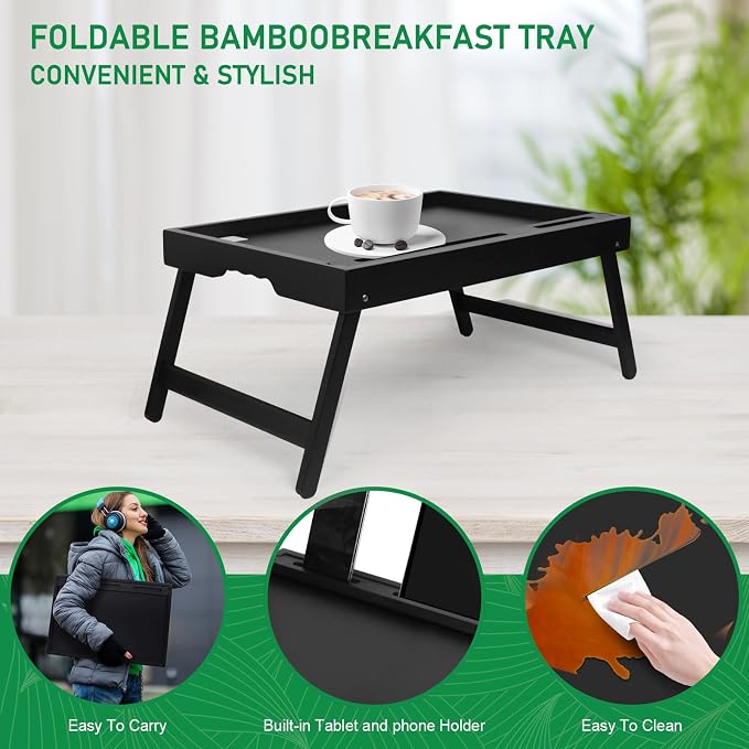 Artmeer Bamboo Bed Tray Table with Folding Legs, Phone/Tablet Holder, Foldable Breakfast Table, Laptop Desk (Black, Medium) (Pack of 2)