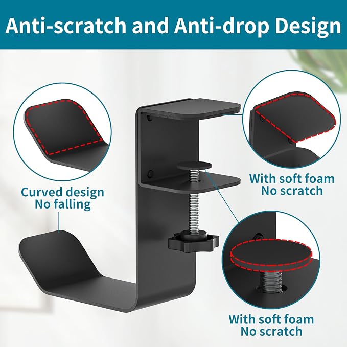 tiebutie Clamp-On Under Desk Headphone Holder/Backpack Hook/PC Gaming Headset Headphone Hanger Mount, Provides a Convenient Place to Hang Headsets or Bags