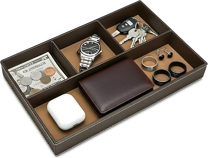 Leather Valet Tray Organizer, Stackable Nightstand & Dresser Storage Tray, Entryway Desk Catchall Tray for Keys Wallet Watch Phone, Bedside Desktop PU Leather Drawer Caddy Tray - Brown
