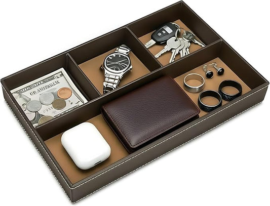 Leather Valet Tray Organizer, Stackable Nightstand & Dresser Storage Tray, Entryway Desk Catchall Tray for Keys Wallet Watch Phone, Bedside Desktop PU Leather Drawer Caddy Tray - Brown