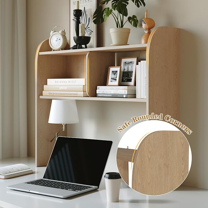 Wooden Desktop Bookshelf, 37" 3-Tier Rounded-Edge Desk Storage Organizer, Space-Saving Countertop Shelf for Office Dorm Home, Burlywood