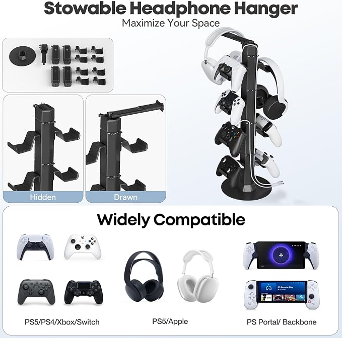 Controller & Headset Holder Stand for Desk, with Charger Cable Organizer Headphone Stand for PS5/ Xbox/ PS4/ Switch, Metal Base Controller Hanger Hook for Storage Earphones, Game Console, Mobile Phone