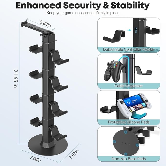 Controller & Headset Holder Stand for Desk, with Charger Cable Organizer Headphone Stand for PS5/ Xbox/ PS4/ Switch, Metal Base Controller Hanger Hook for Storage Earphones, Game Console, Mobile Phone