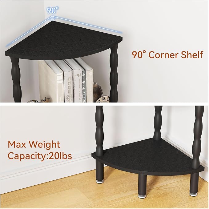 IBUYKE 5-Tier Corner Shelf,Stylish Corner Bookshelf for Small Spaces,Industrial Corner Storage Display Shelves,Small Corner Table for Bedroom,Bathroom,Kitchen, Black WBC020B