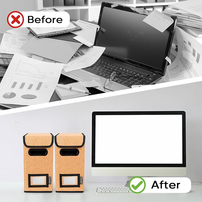 BALEINE File Organizer Box with Lid, Collapsible File Folder Organizer with Plastic Slide, Hanging File Folder Box for Office Document Storage (1 Pack, Orange, S)